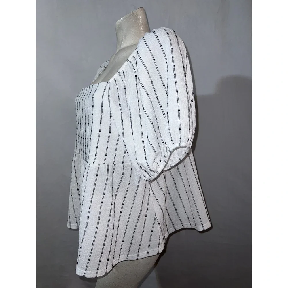 Madewell Top Womens Size XL White Black Square Neck Puff-Sleeve Stripe Shirt
